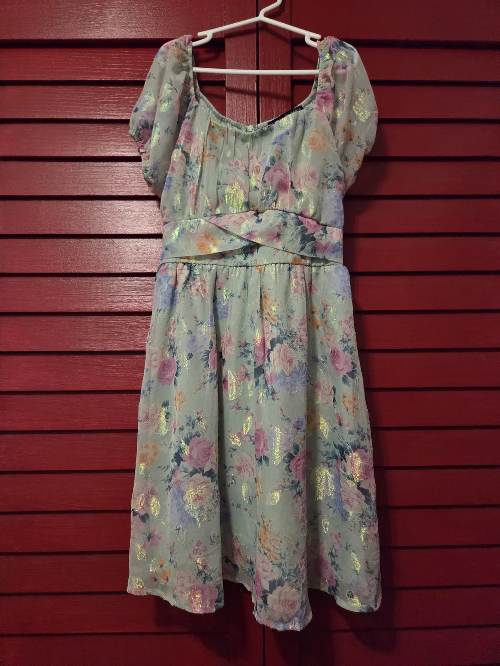 Mint Floral Puff-Sleeve Girls' Dress with Gold Detail